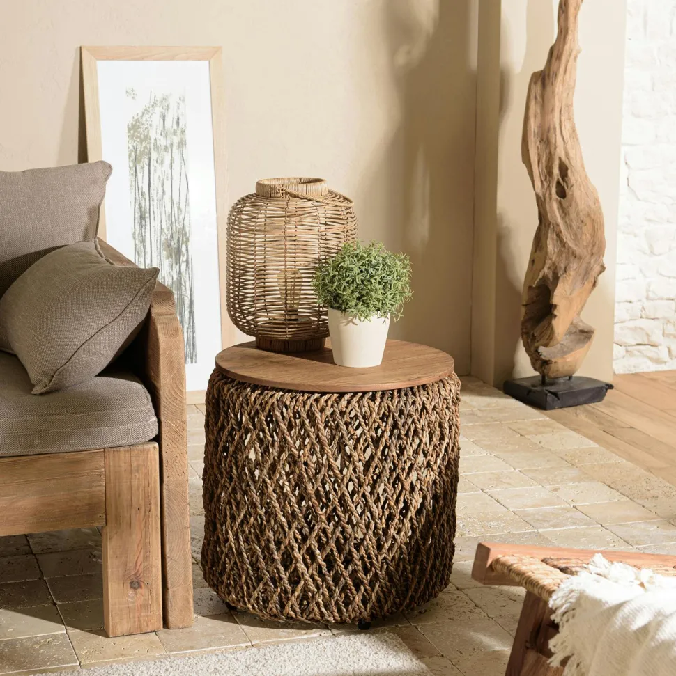 Table d'appoint ronde 49 cm fibre de coco et bois recyclé SWING