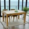 Table de repas rectangle Hévéa avec plateau verre posé sur quadrillage bois 138,5x89,5x76cm HELENA