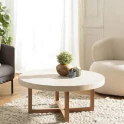 Table de salon carrée béton beige pieds bois croisés DIKA