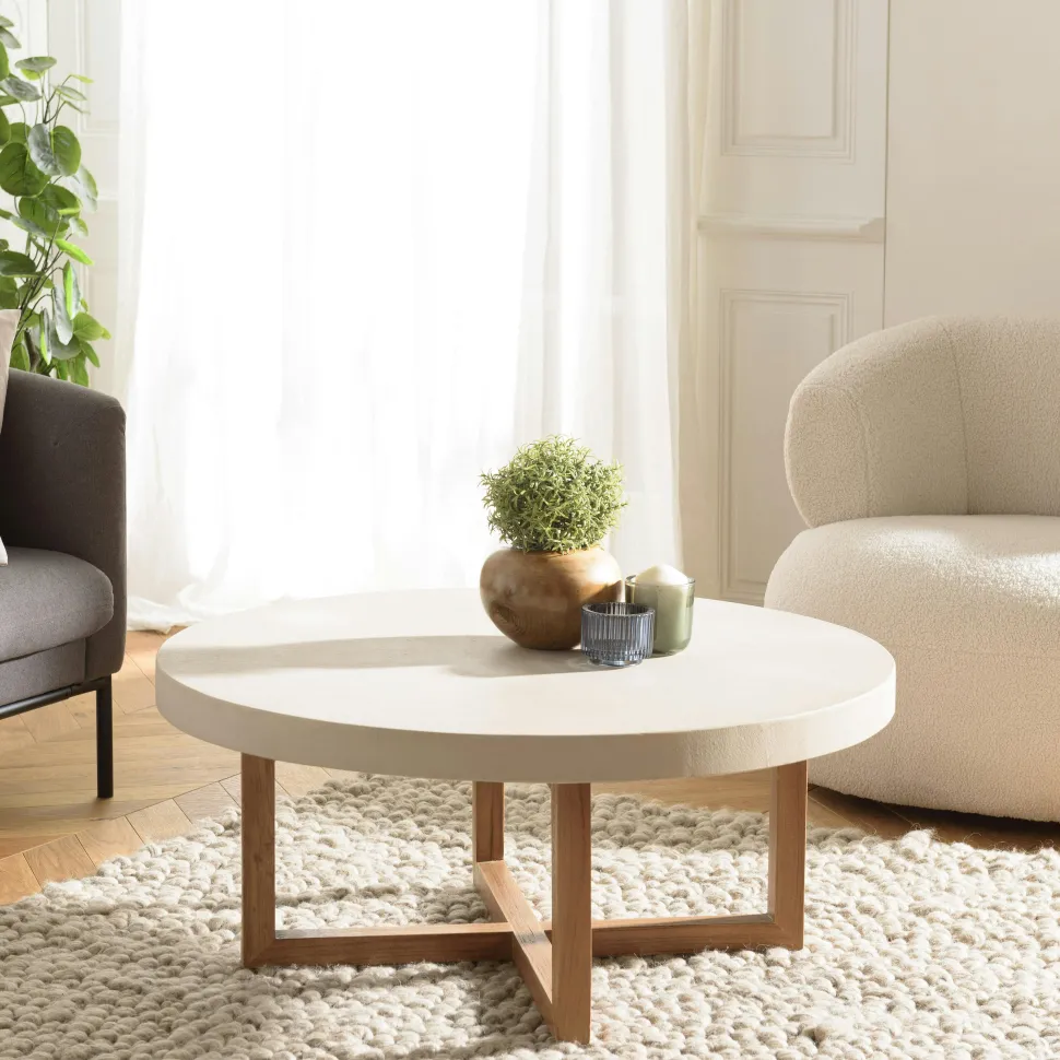Table de salon carrée béton beige pieds bois croisés DIKA