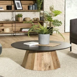 Table de salon ronde pin recyclé et métal 70 cm CRACOVIE