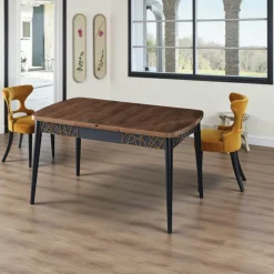 Table extensible effet noyer, pieds noirs 132-170 cm LUNOR