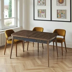 Table extensible effet noyer, pieds noirs 132-170 cm LUNOR