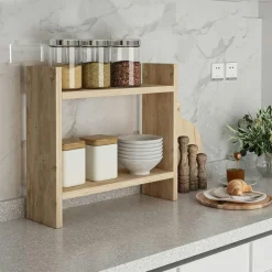 Table extensible effet pin, rangement intégré 130-165 cm ORINA