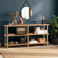 Table extensible effet pin, rangement intégré 130-165 cm ORINA