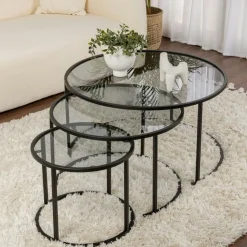 Table gigogne en verre - cadre noir (lot de 2) ⌀60 cm TULUM