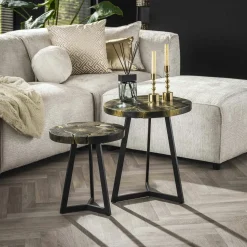 Table gigogne ronde en teck recyclé noir et or (2 pièces) NOVA