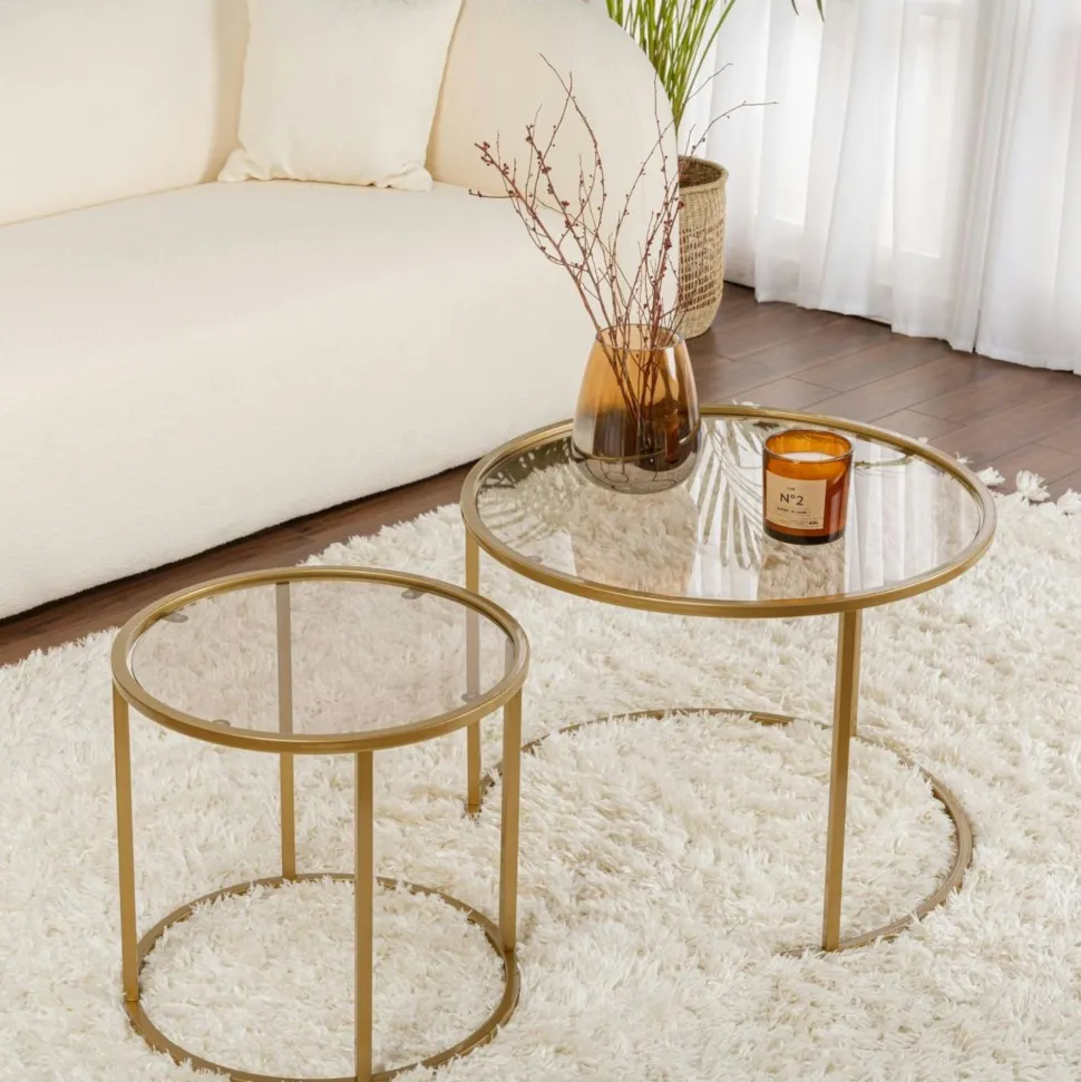 Table gigogne verre ambré - cadre doré (lot de 2) ⌀60 cm TULUM