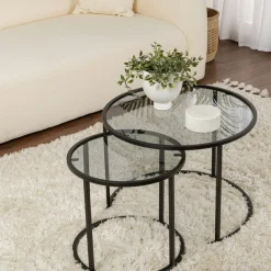 Table gigogne verre fumé - cadre noir (lot de 2) ⌀60 cm TULUM