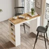 Table haute blanche cuisine avec plateau effet bois MARFA