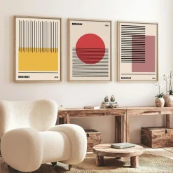 Tableau abstrait – style Bauhaus, cadre bois (lot de 3)