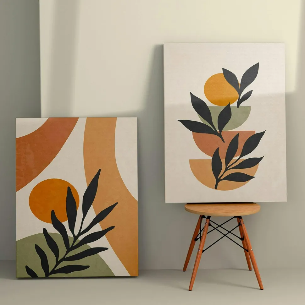 Tableau abstrait feuilles d'olivier – tons nature (set de 2)