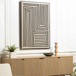 Tableau blanc lignes abstraites peinture au sable 83 x 123 cm