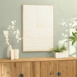 Tableau blanc lignes abstraites peinture au sable 83 x 123 cm