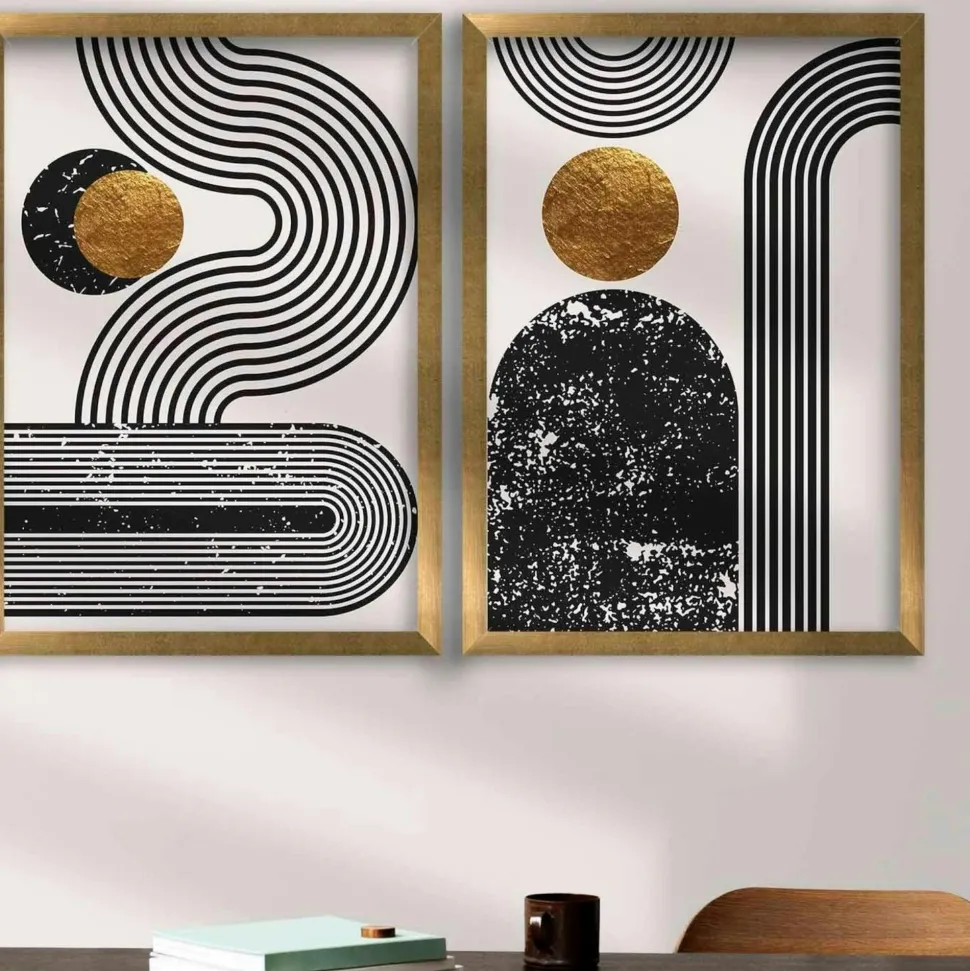 Tableau graphique design noir et or – cadre doré (set de 2)