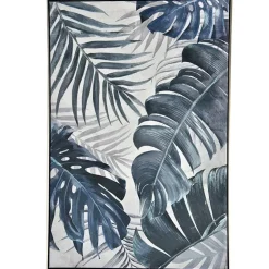 Tableau nature feuilles exotiques tons bleus cadre argent