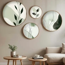 Tableau rond nature vert et blanc – cadre bois (set de 4)