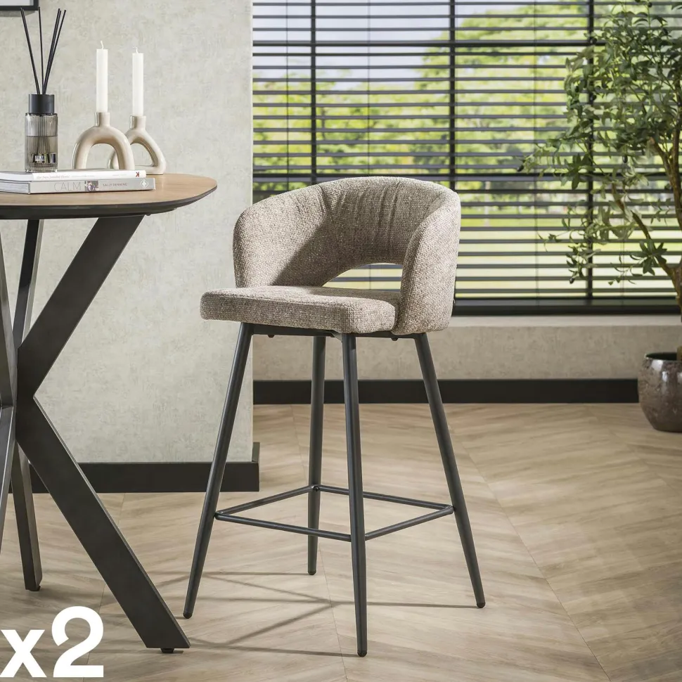 Tabouret de bar en tissu bouclette gris avec dossier ouvert (lot de 2) GALWAY
