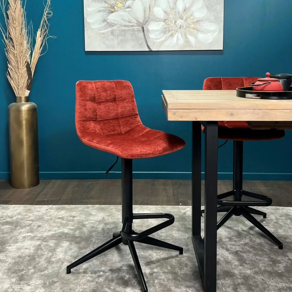 Tabouret de bar pivotant motif damier, velours rouge (lot de 2) PALERME