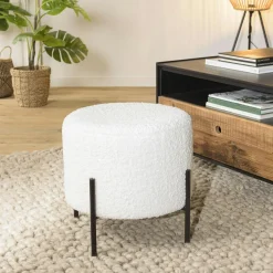 Tabouret de salon rond blanc tissu bouclettes TIM