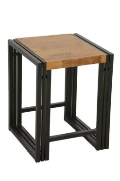 Tabouret hévéa recyclé naturel et métal noirci 36X36X45cm DOCKER