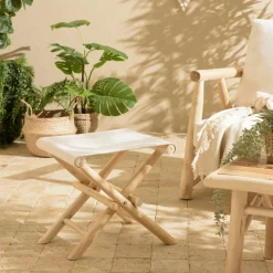 Tabouret pliant rondins de teck naturel et tissu blanc MANAK