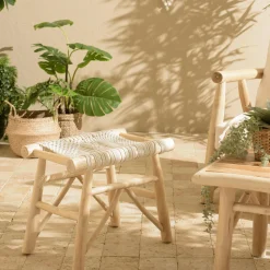 Tabouret pliant rondins de teck naturel et tissu blanc MANAK