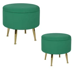 Tabouret pouf rond tissu rose pieds dorés TIM (lot de 2)