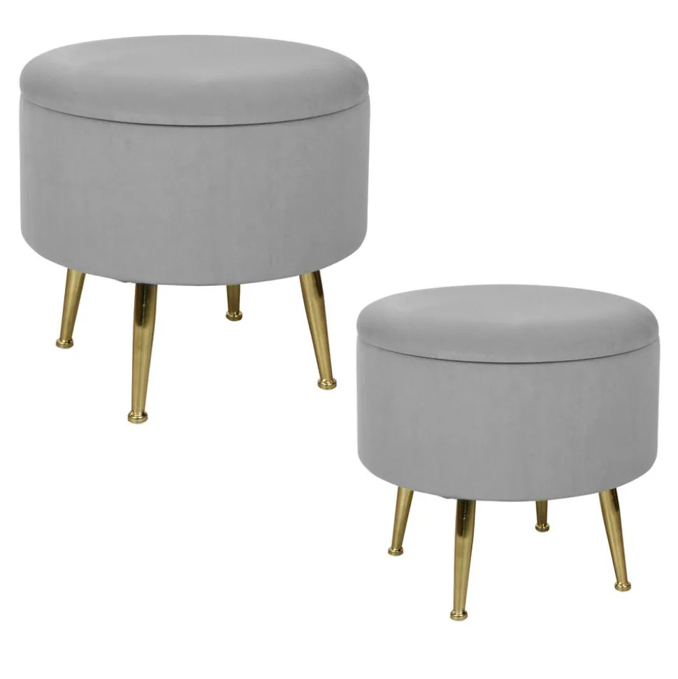 Tabouret pouf rond tissu gris pieds dorés TIM (lot de 2)