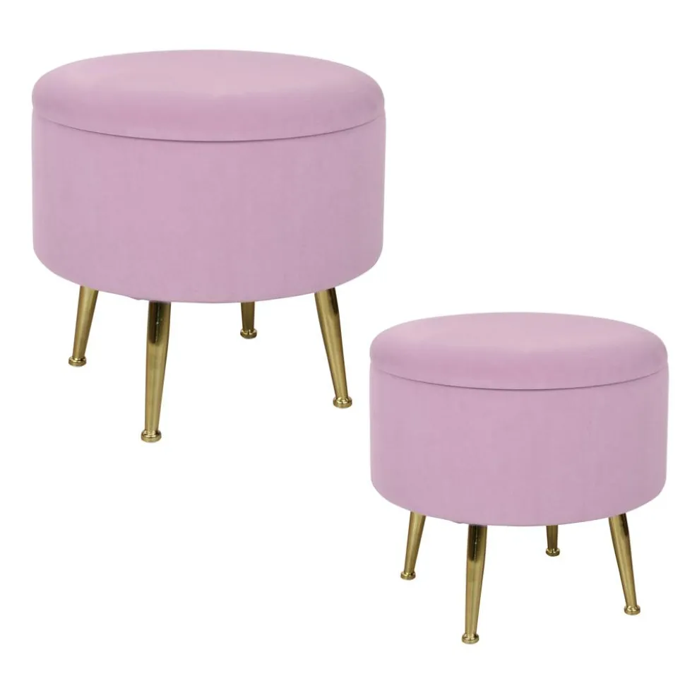 Tabouret pouf rond tissu gris pieds dorés TIM (lot de 2)