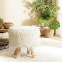 Tabouret rond effet fourrure et pieds bois TIM