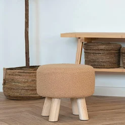 Tabouret rond en bois de teck brun en fausse fourrure - 4 pieds ARIZONA
