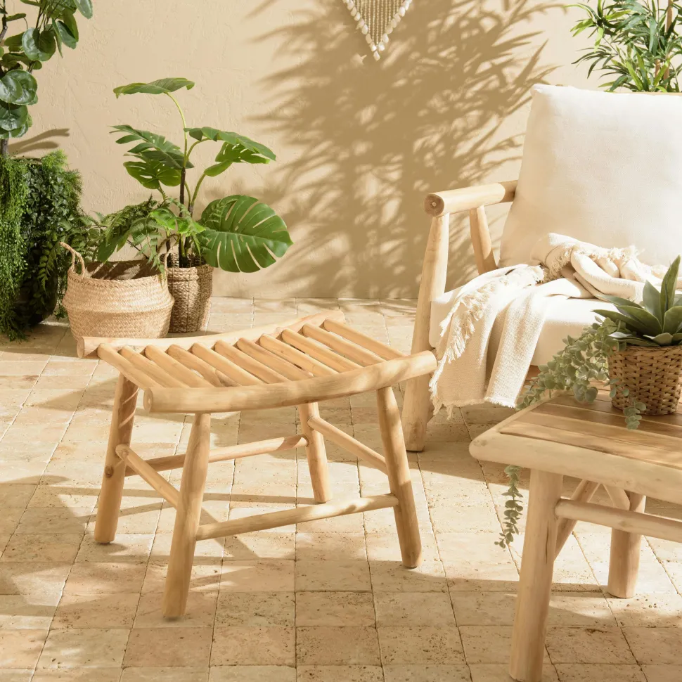 Tabouret rondins de teck naturel assise macramé blanc MANAK