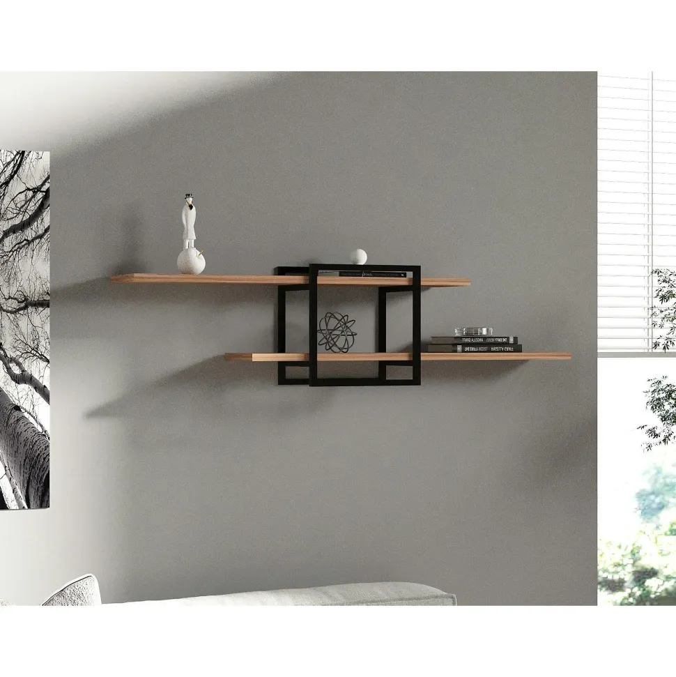 Étagère murale design effet pin - 1 cube, 2 plateaux JENA