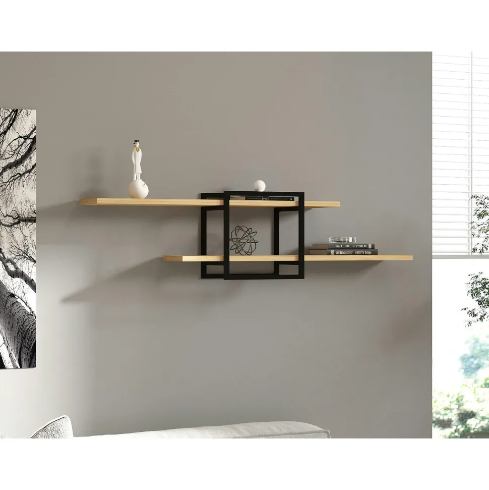 Étagère murale design effet bois clair - 1 cube, 2 plateaux JENA