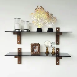 Étagère murale en verre fumé - supports bois foncé (lot de 2) LHASA