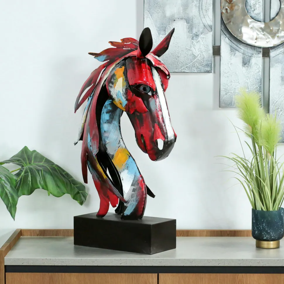 Tête de cheval en métal multicolore sur socle H75x47x21cm