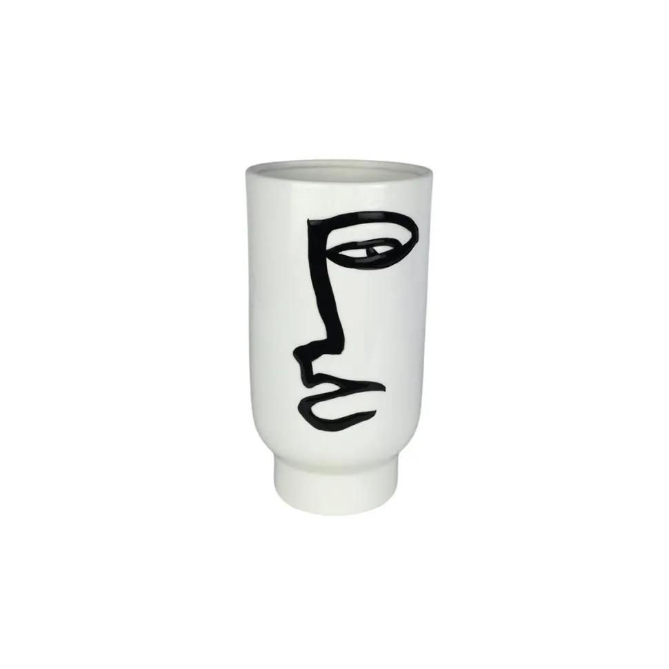 Vase blanc rond décor visage abstrait H25 cm