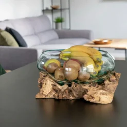 Vase verre soufflé et racine teck, artisanal H 20 cm ARIZONA