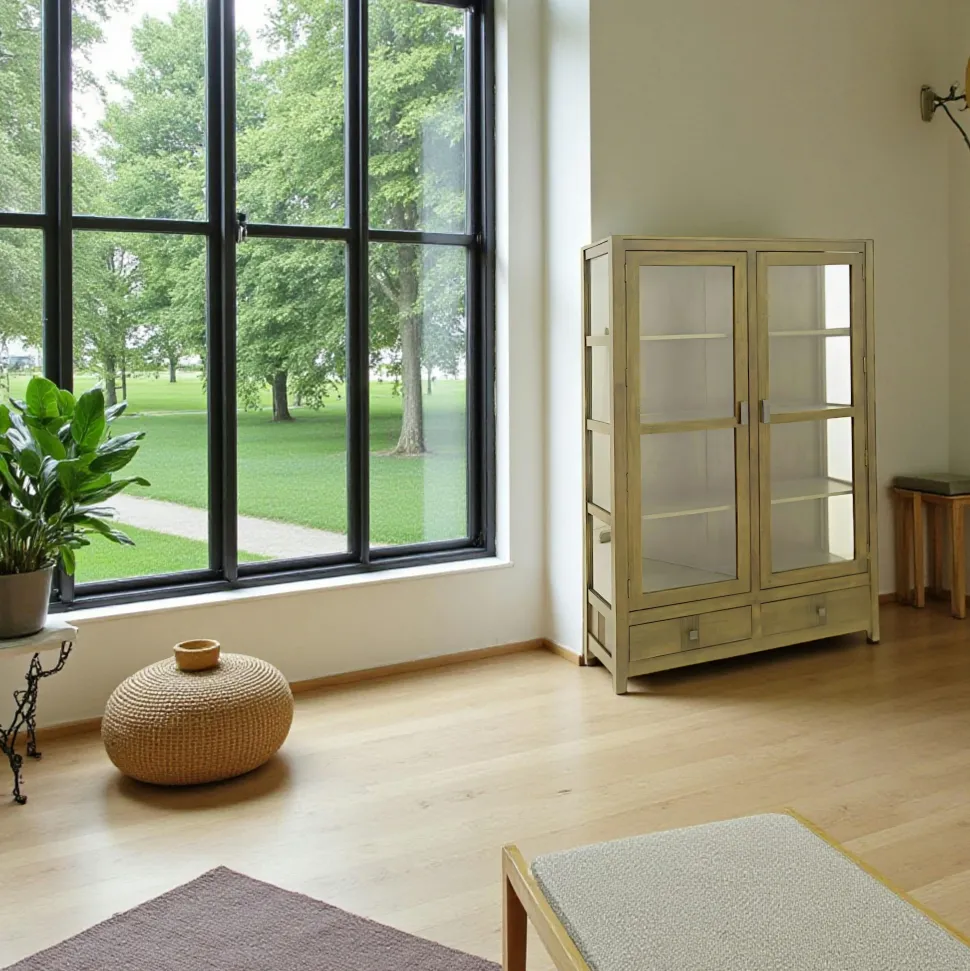 Vitrine Hévéa 2 portes vitrées, 2 tiroirs 120x38x170cm GALA